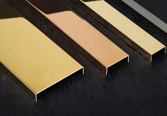 Perfiles en U de acero inoxidable con acabado espejo dorado para azulejos, con protección antihuellas y 0,65 mm de grosor
